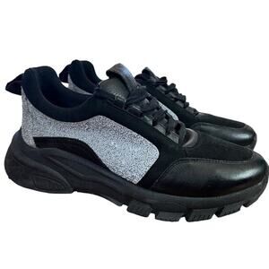 Sesto Meucci Womens Black Gray Lace Up Sneakers Athletic Leather Shoes sz 38 7.5